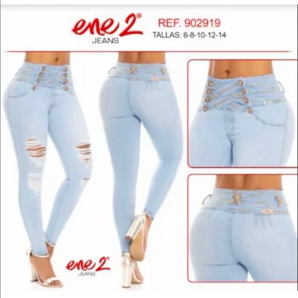 🇨🇴ENE2 JEANS, Colombian Butt Lifter Rhinestone Blue Denim Jeans SIZE 5-6 US